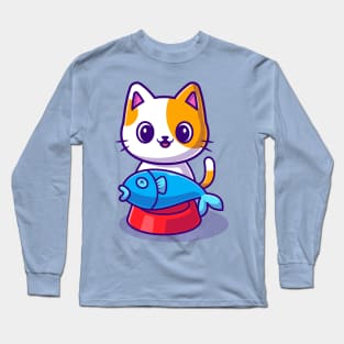 Cute Cat With Fish on Food Bowl Cartoon Long Sleeve T-Shirt